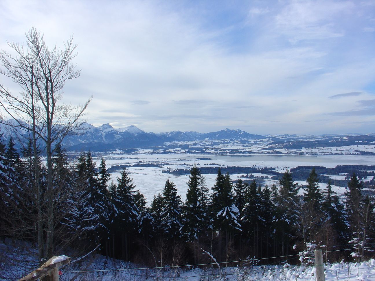 Ausblick von der Buchenbergalm auf die Füssener Berglandschaft und den Forggensee